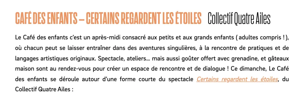 présentation du café des enfants à Anis Gras par le Collectif Quatre Ailes pour Certains regardent les étoiles