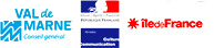 Logos des soutiens : le Conseil départemental du Val de Marne, La DRAC île-de-France, le Conseil régional d'Île-de-France