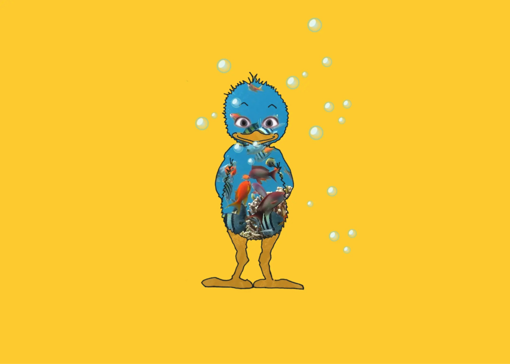 Poussins dont le corps contient des poissons tropicaux et des coraux, entouré de bulles sur fond jaune