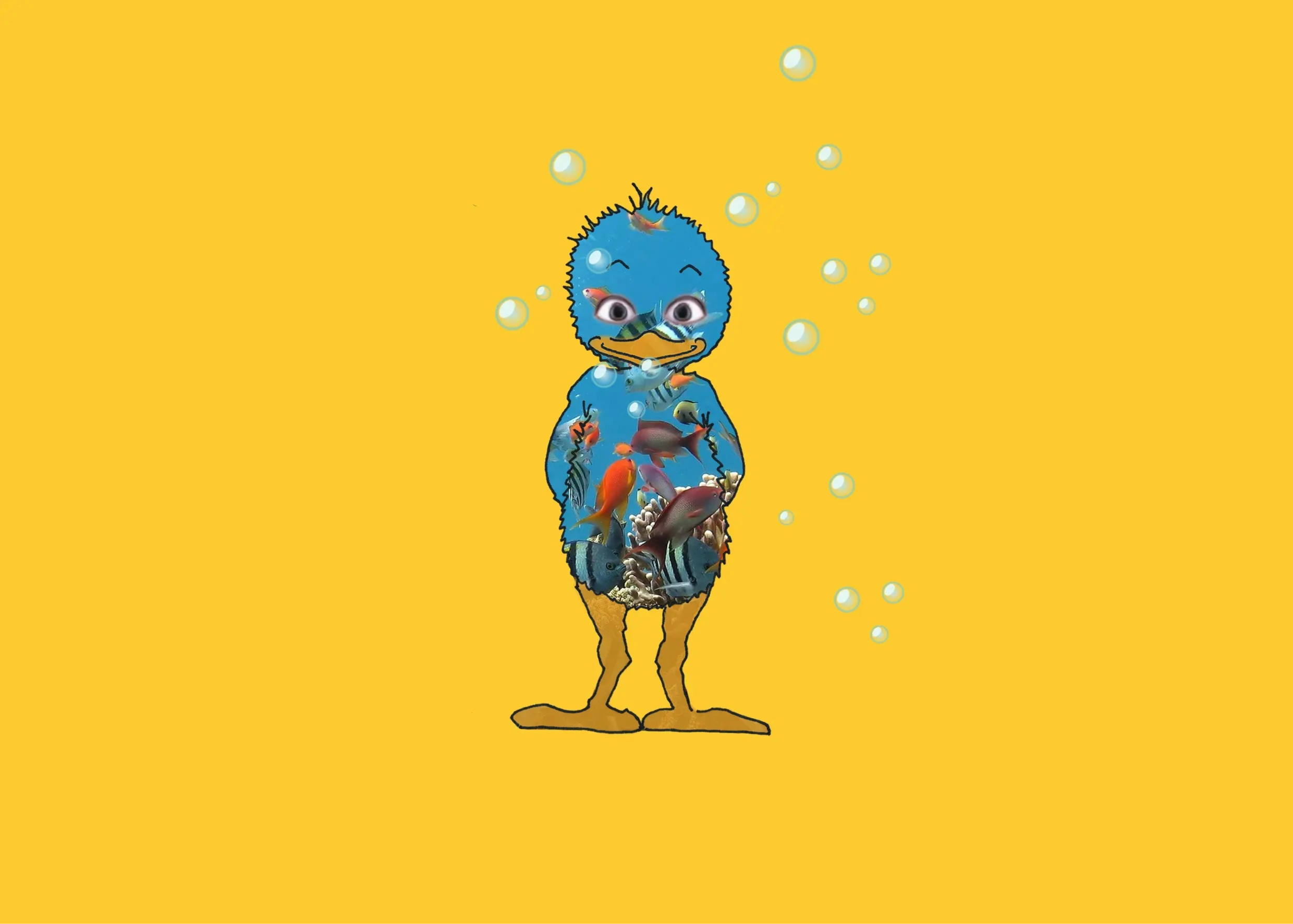 Poussins dont le corps contient des poissons tropicaux et des coraux, entouré de bulles sur fond jaune